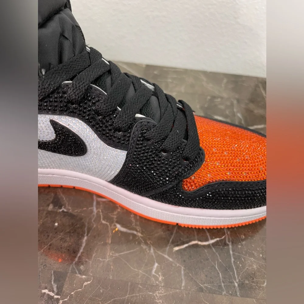 Custom Black, Orange & White Rhinstone Nike Air Jordan Sneakers, Men's 8/ Womens